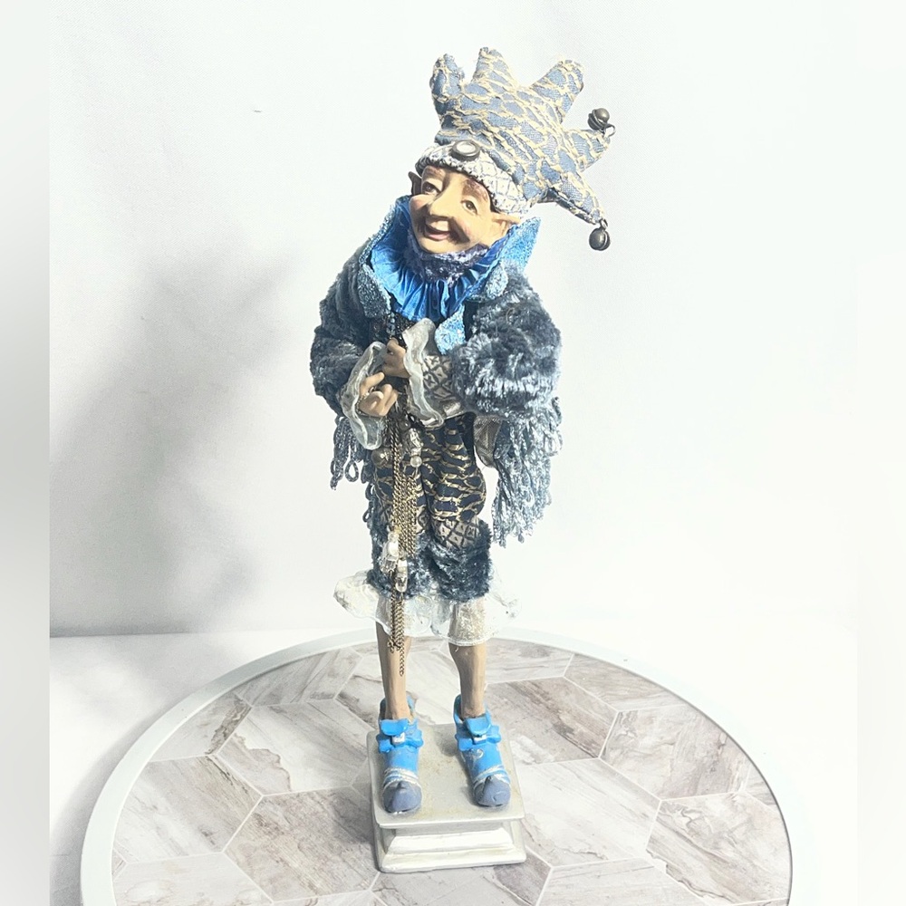 Whimsical Jester Figurine Blue Silver Fabric Costume Decorative Collectible